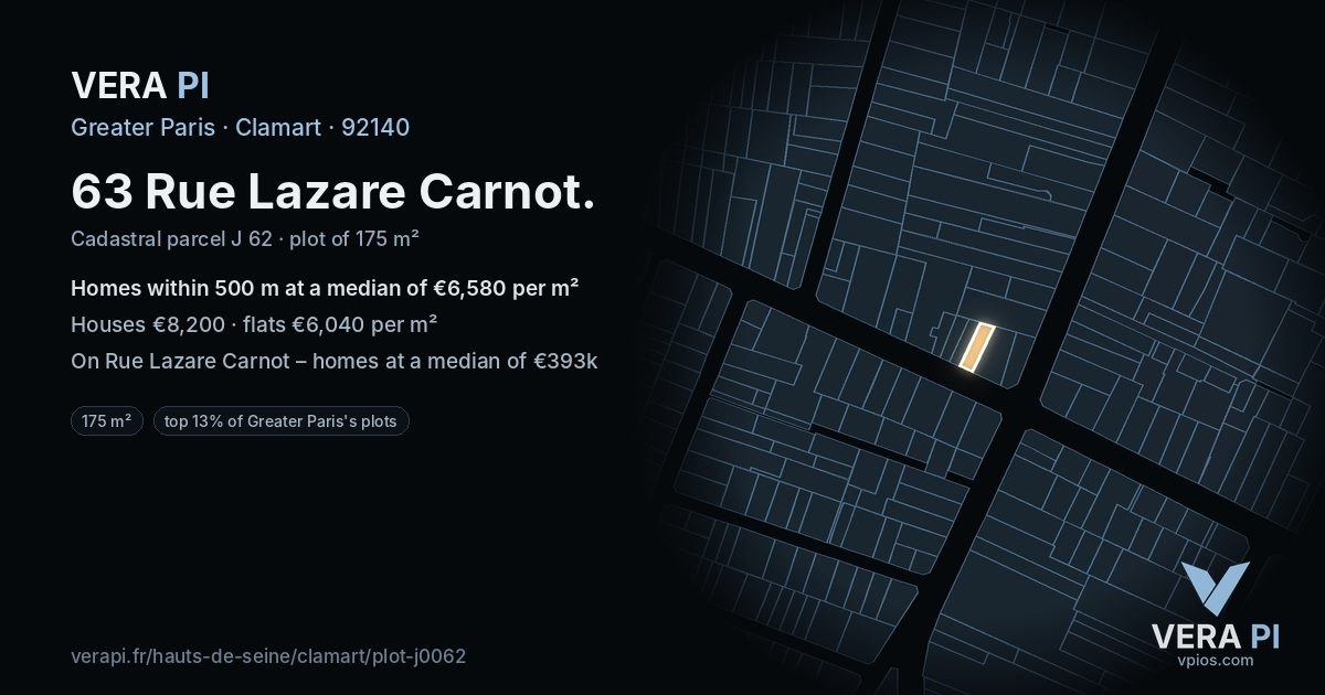 63 Rue Lazare Carnot, Clamart at night – the plot lit, the parcels around coloured by the prices near them