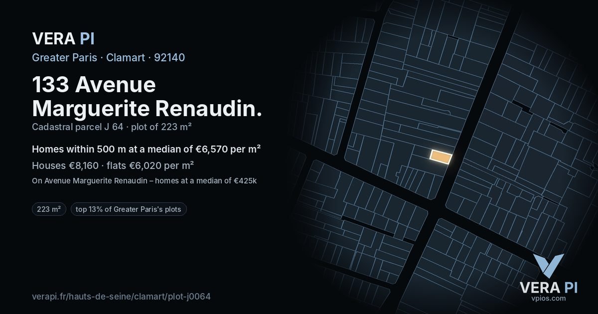 133 Avenue Marguerite Renaudin, Clamart at night – the plot lit, the parcels around coloured by the prices near them