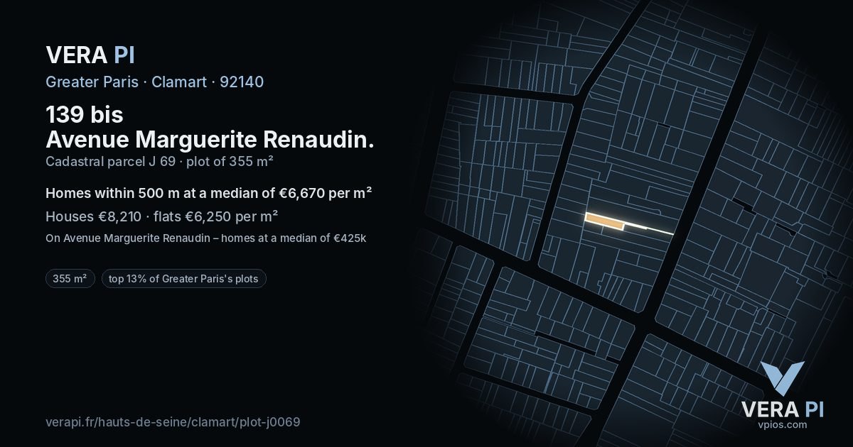 139 bis Avenue Marguerite Renaudin, Clamart at night – the plot lit, the parcels around coloured by the prices near them