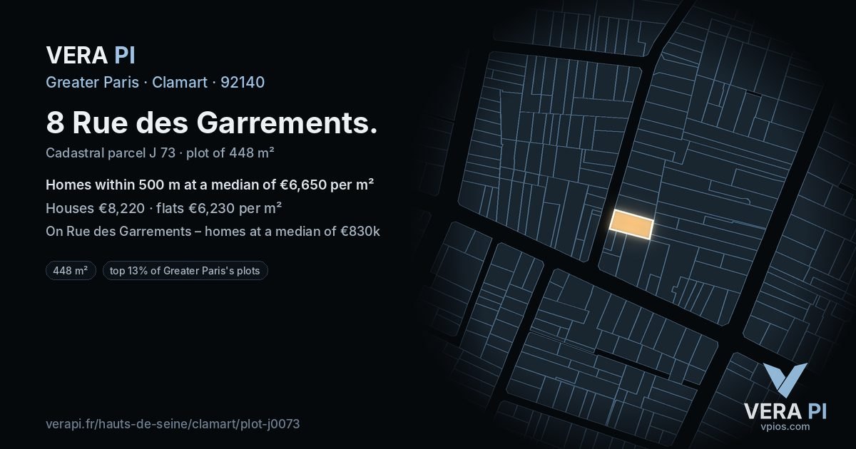 8 Rue des Garrements, Clamart at night – the plot lit, the parcels around coloured by the prices near them