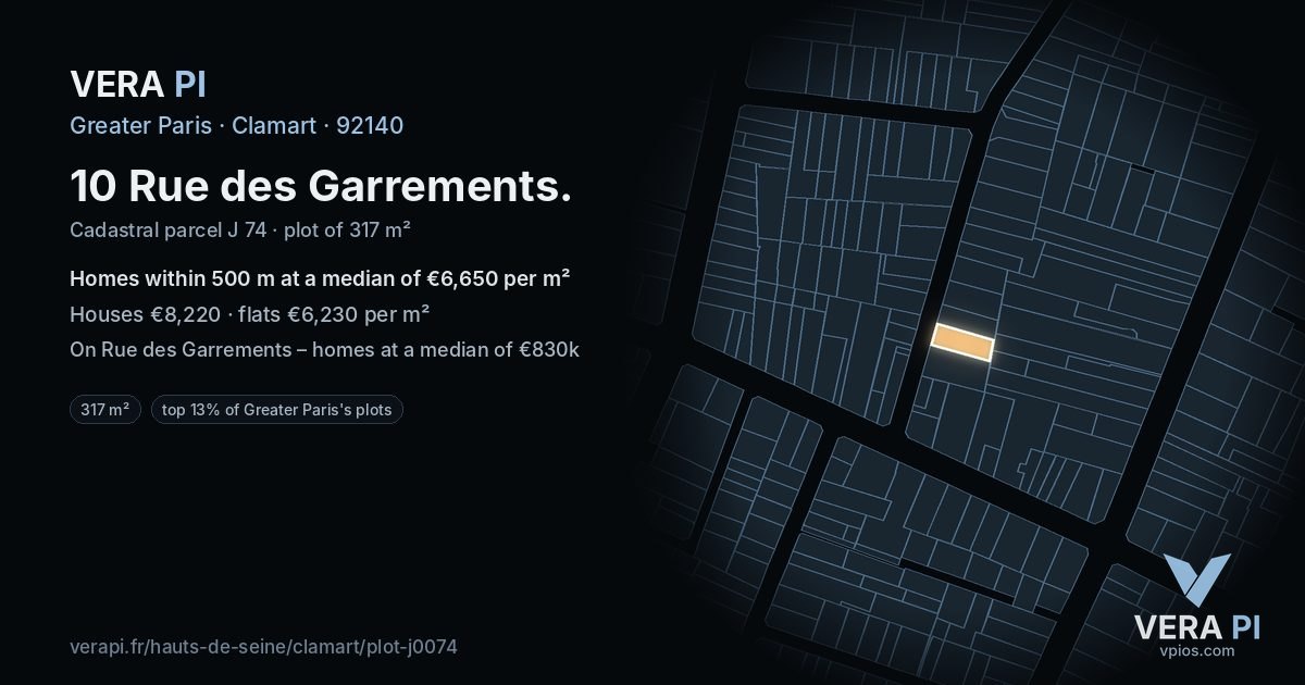 10 Rue des Garrements, Clamart at night – the plot lit, the parcels around coloured by the prices near them