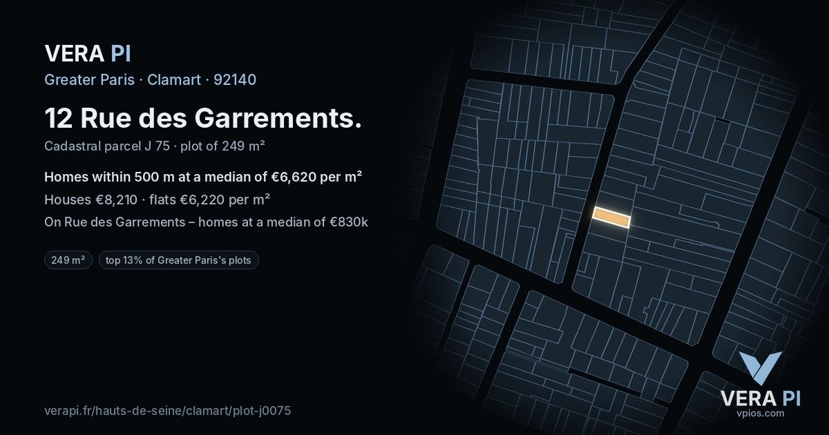 12 Rue des Garrements, Clamart at night – the plot lit, the parcels around coloured by the prices near them