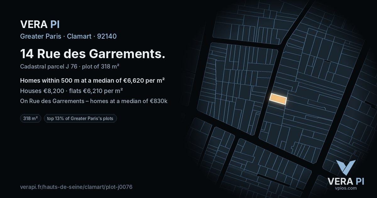 14 Rue des Garrements, Clamart at night – the plot lit, the parcels around coloured by the prices near them