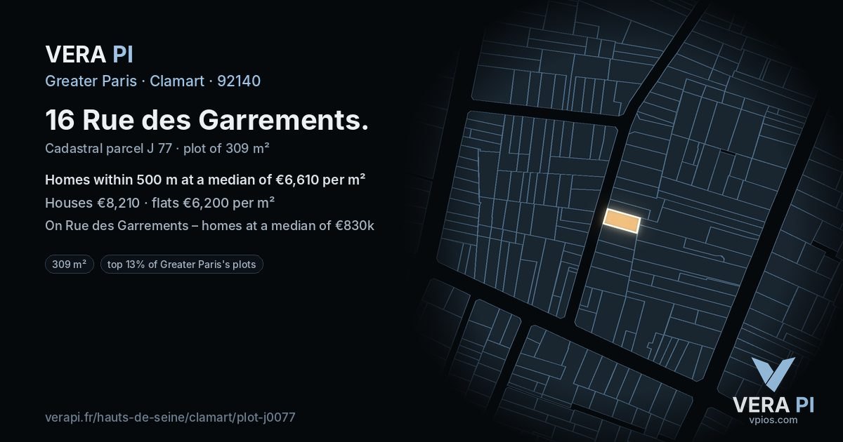 16 Rue des Garrements, Clamart at night – the plot lit, the parcels around coloured by the prices near them