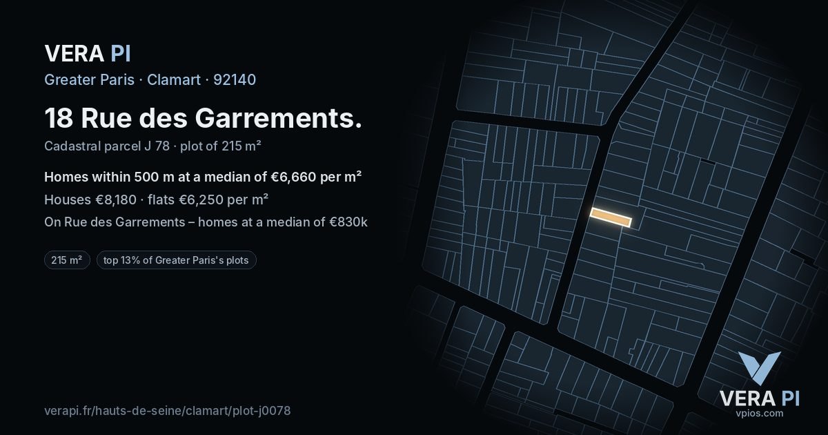 18 Rue des Garrements, Clamart at night – the plot lit, the parcels around coloured by the prices near them