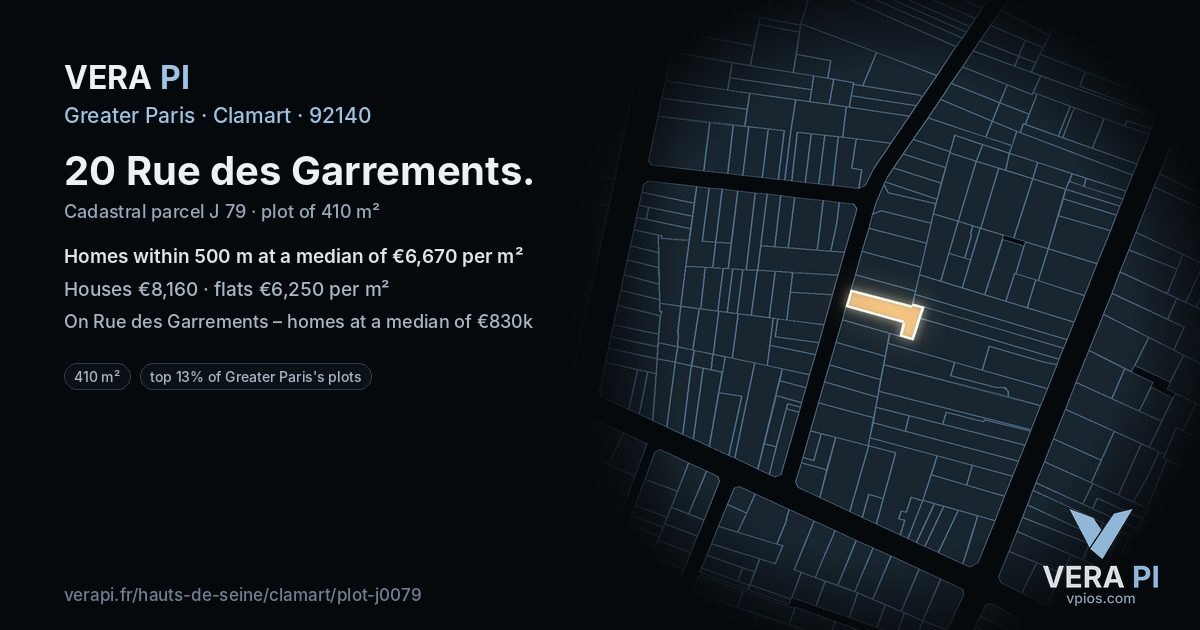 20 Rue des Garrements, Clamart at night – the plot lit, the parcels around coloured by the prices near them