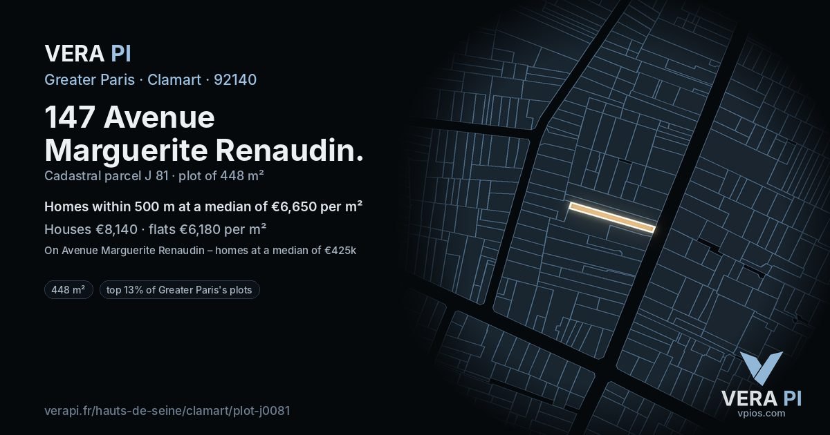 147 Avenue Marguerite Renaudin, Clamart at night – the plot lit, the parcels around coloured by the prices near them