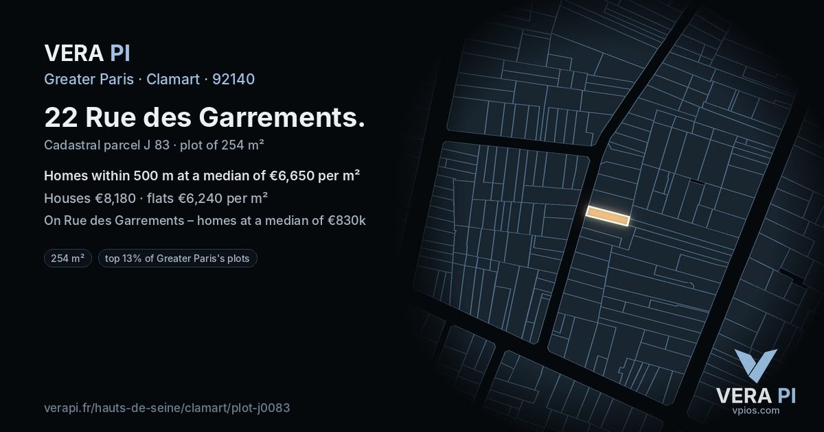 22 Rue des Garrements, Clamart at night – the plot lit, the parcels around coloured by the prices near them