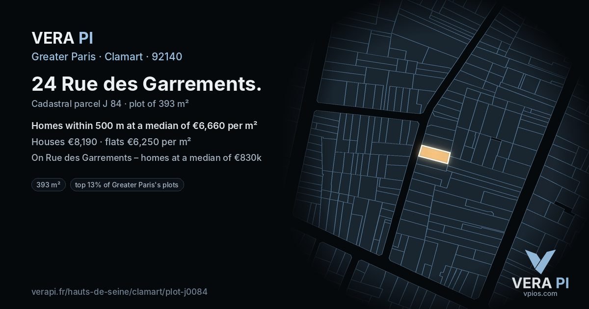 24 Rue des Garrements, Clamart at night – the plot lit, the parcels around coloured by the prices near them