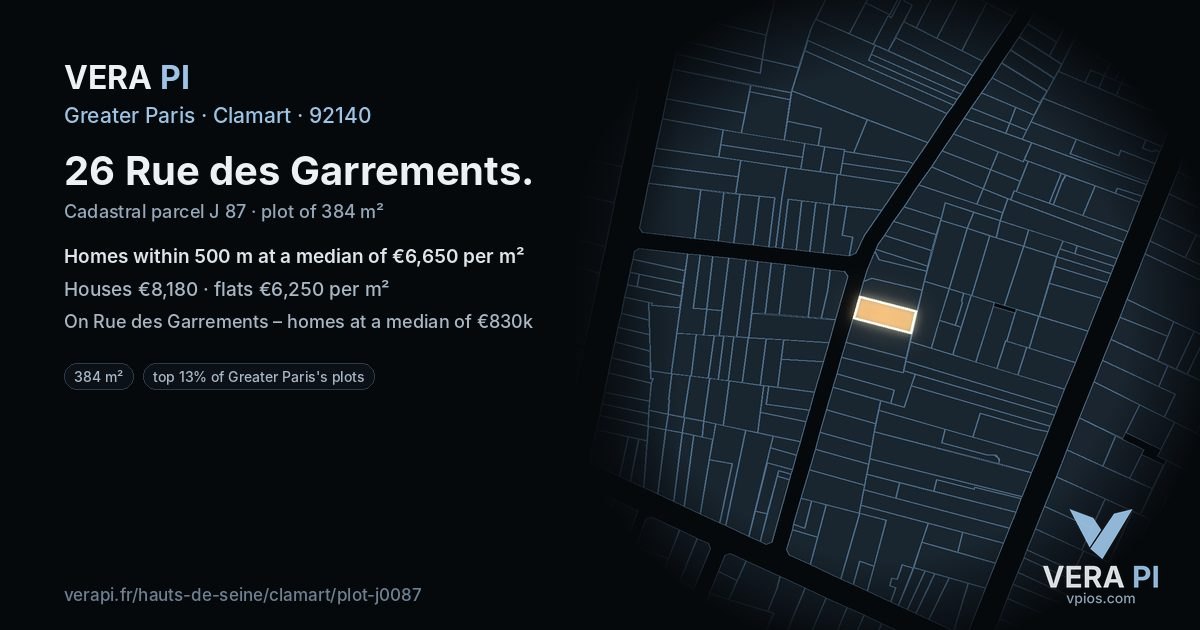 26 Rue des Garrements, Clamart at night – the plot lit, the parcels around coloured by the prices near them