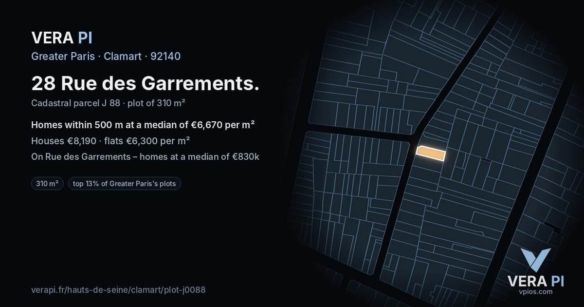 28 Rue des Garrements, Clamart at night – the plot lit, the parcels around coloured by the prices near them
