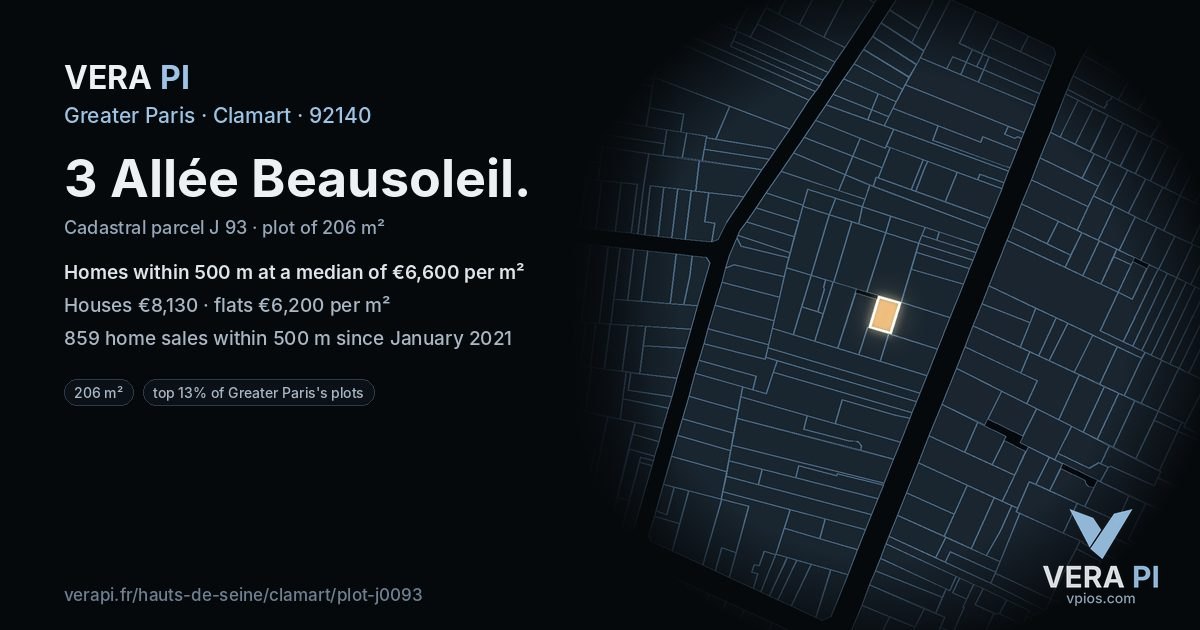3 Allée Beausoleil, Clamart at night – the plot lit, the parcels around coloured by the prices near them