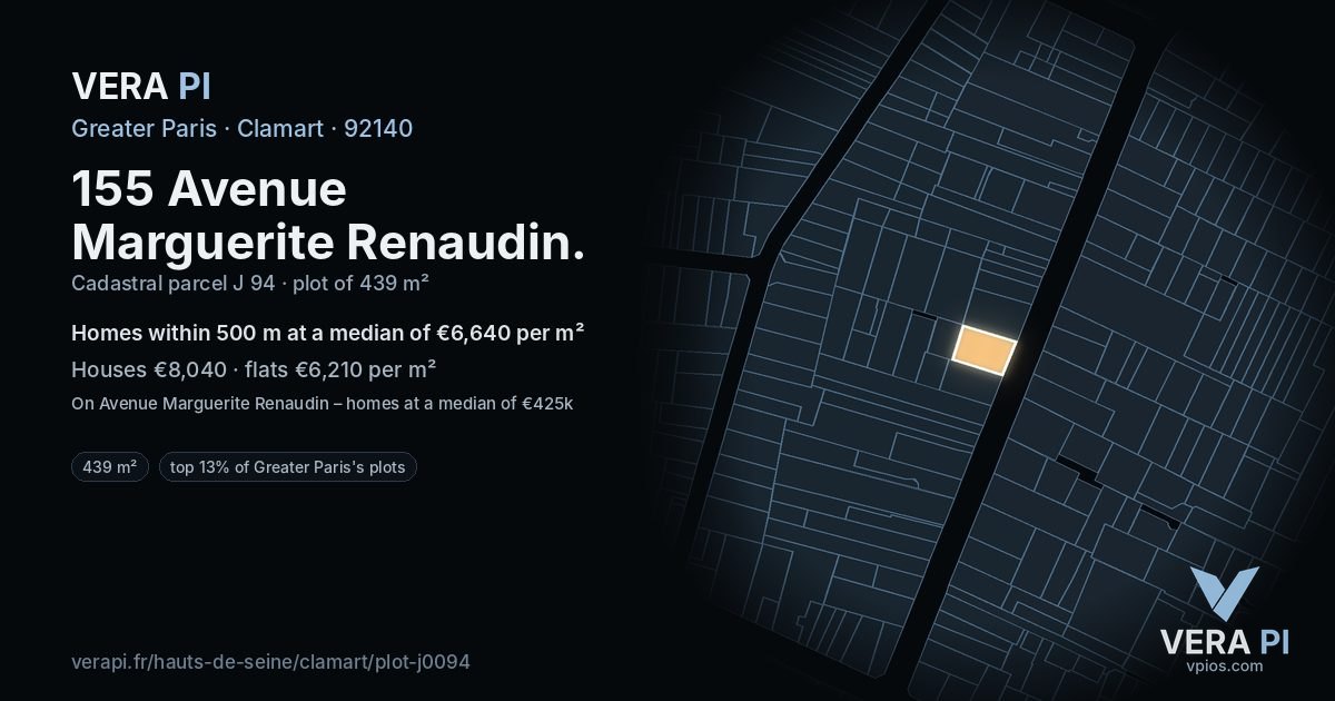 155 Avenue Marguerite Renaudin, Clamart at night – the plot lit, the parcels around coloured by the prices near them
