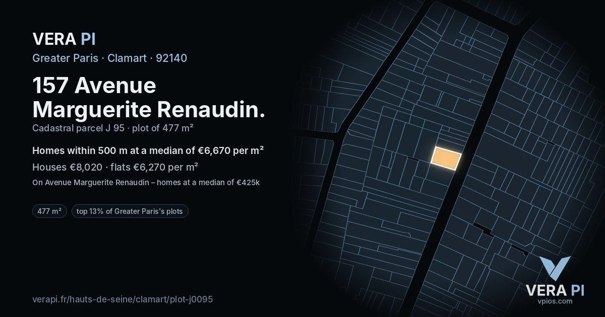 157 Avenue Marguerite Renaudin, Clamart at night – the plot lit, the parcels around coloured by the prices near them