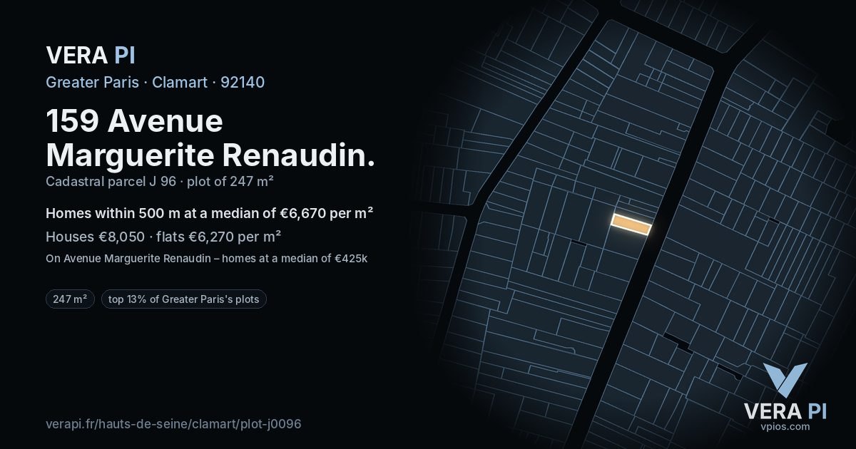 159 Avenue Marguerite Renaudin, Clamart at night – the plot lit, the parcels around coloured by the prices near them