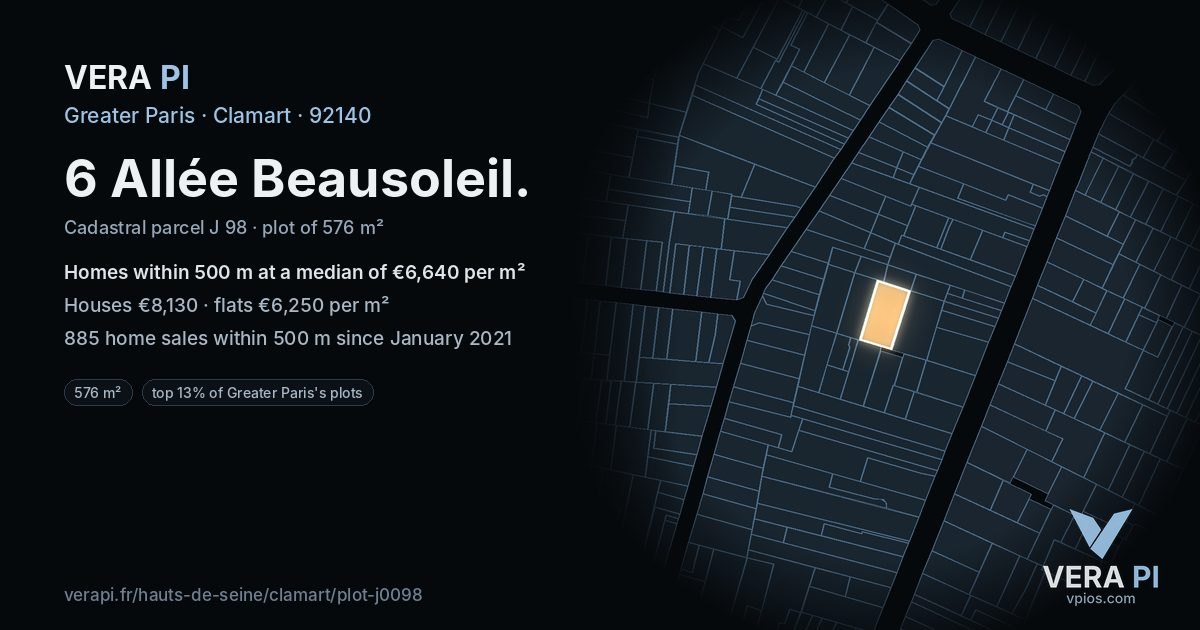 6 Allée Beausoleil, Clamart at night – the plot lit, the parcels around coloured by the prices near them