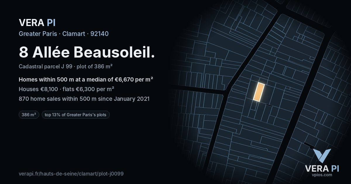 8 Allée Beausoleil, Clamart at night – the plot lit, the parcels around coloured by the prices near them