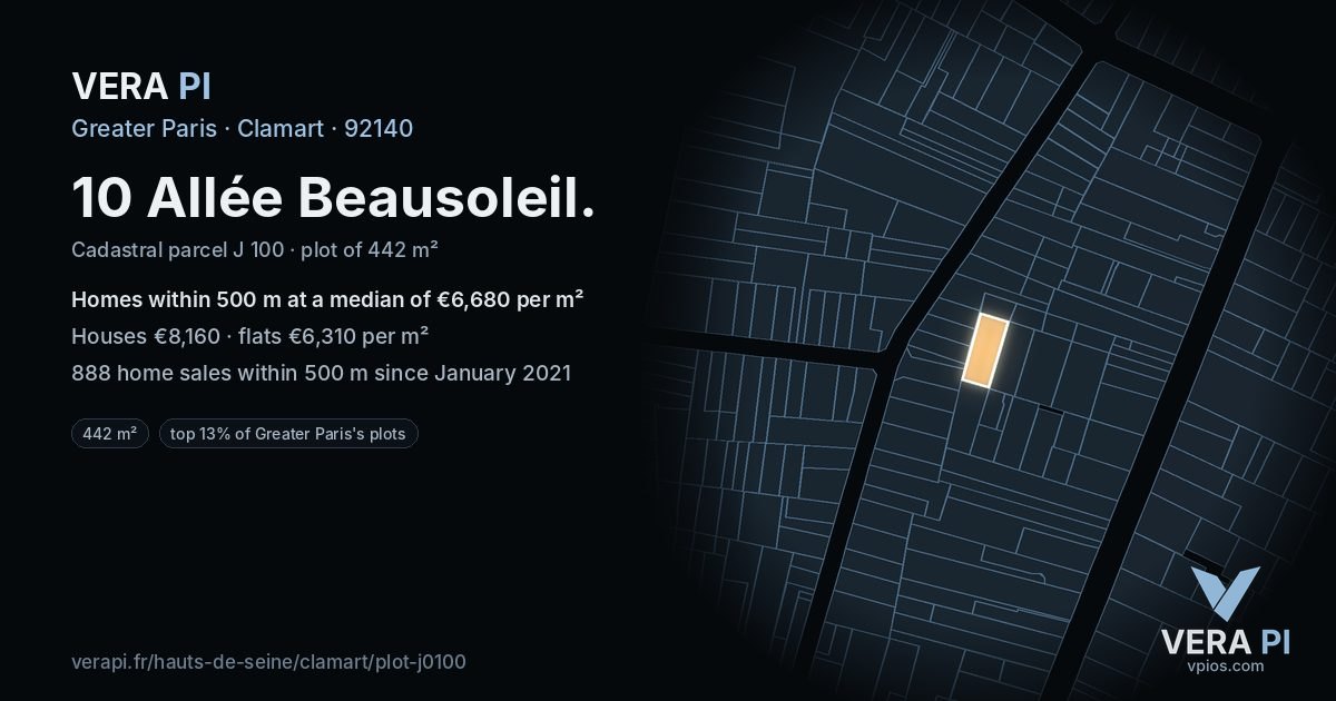 10 Allée Beausoleil, Clamart at night – the plot lit, the parcels around coloured by the prices near them