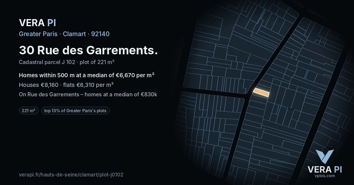 30 Rue des Garrements, Clamart at night – the plot lit, the parcels around coloured by the prices near them