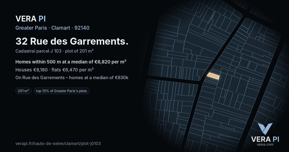 32 Rue des Garrements, Clamart at night – the plot lit, the parcels around coloured by the prices near them