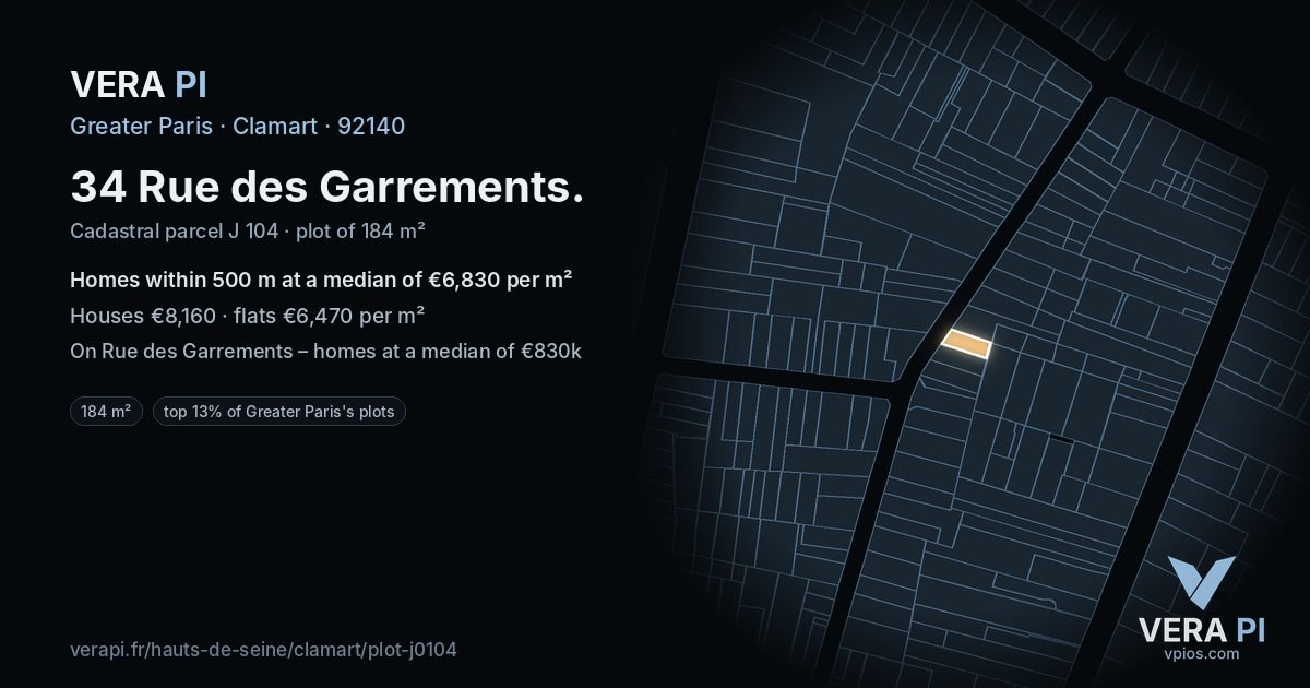 34 Rue des Garrements, Clamart at night – the plot lit, the parcels around coloured by the prices near them