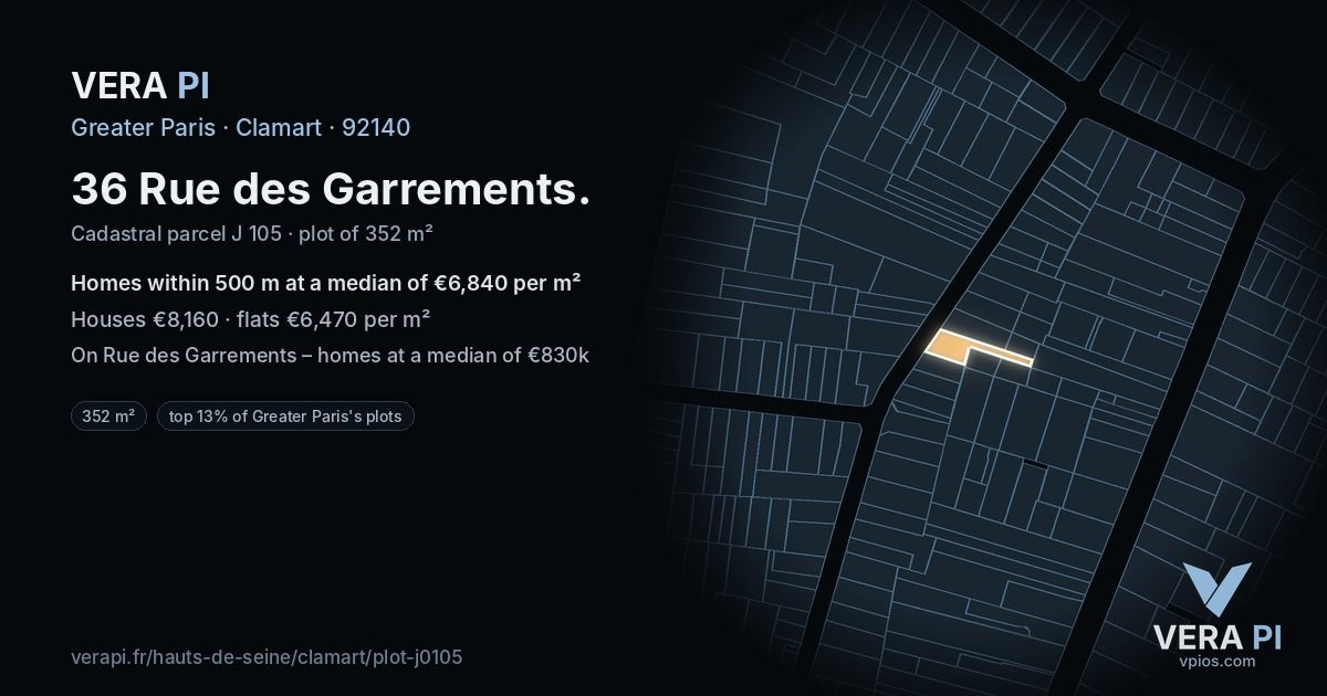 36 Rue des Garrements, Clamart at night – the plot lit, the parcels around coloured by the prices near them