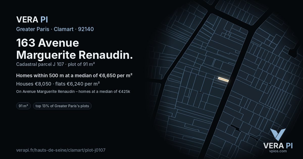 163 Avenue Marguerite Renaudin, Clamart at night – the plot lit, the parcels around coloured by the prices near them