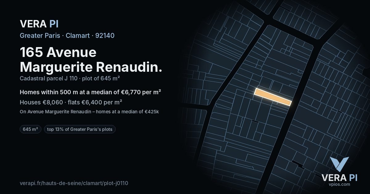 165 Avenue Marguerite Renaudin, Clamart at night – the plot lit, the parcels around coloured by the prices near them