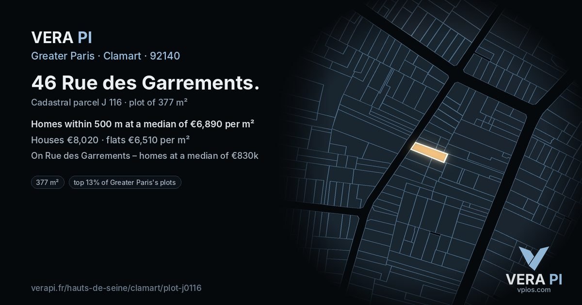 46 Rue des Garrements, Clamart at night – the plot lit, the parcels around coloured by the prices near them