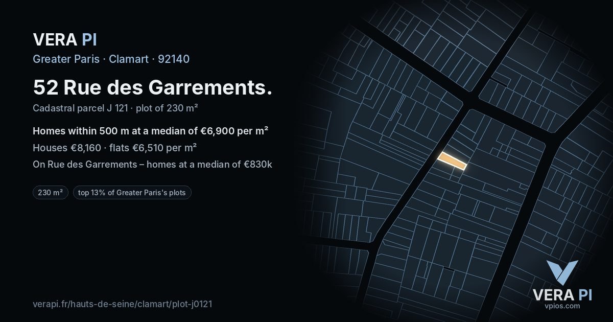 52 Rue des Garrements, Clamart at night – the plot lit, the parcels around coloured by the prices near them