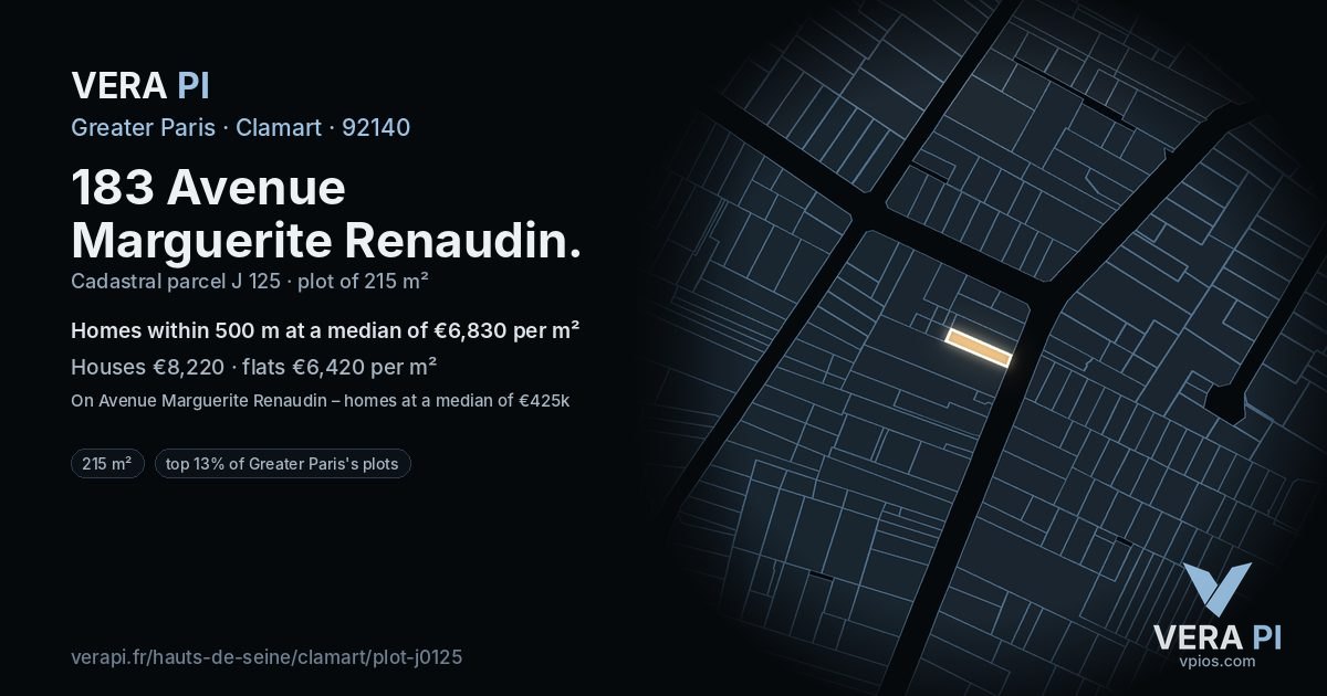 183 Avenue Marguerite Renaudin, Clamart at night – the plot lit, the parcels around coloured by the prices near them