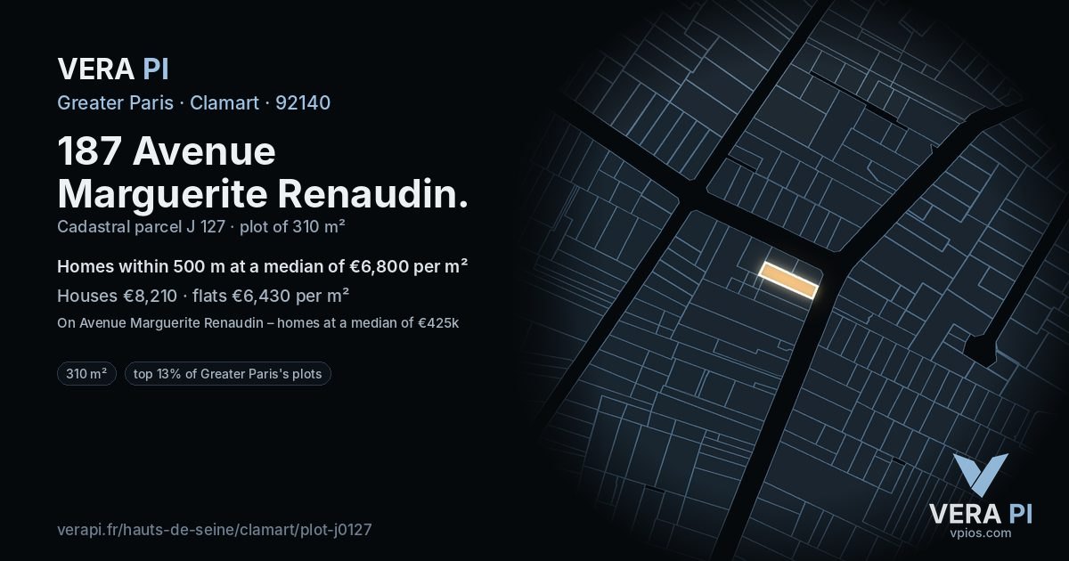 187 Avenue Marguerite Renaudin, Clamart at night – the plot lit, the parcels around coloured by the prices near them