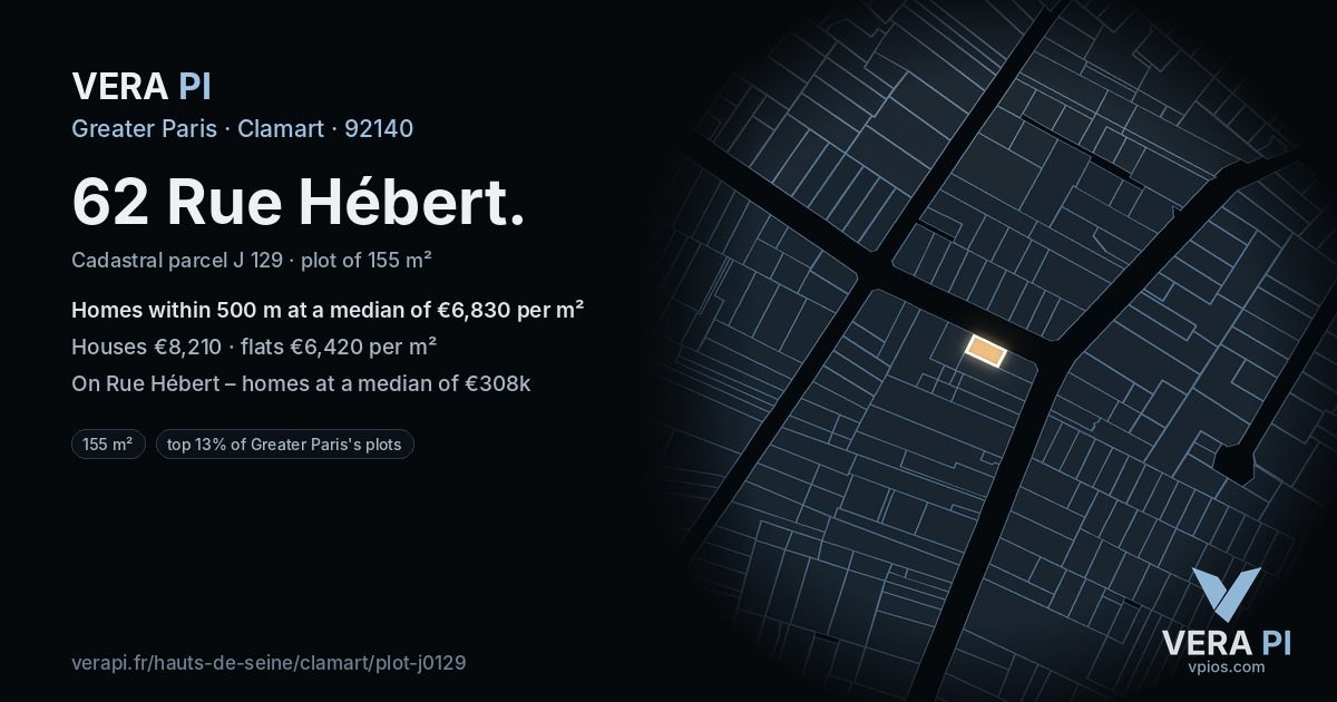 62 Rue Hébert, Clamart at night – the plot lit, the parcels around coloured by the prices near them