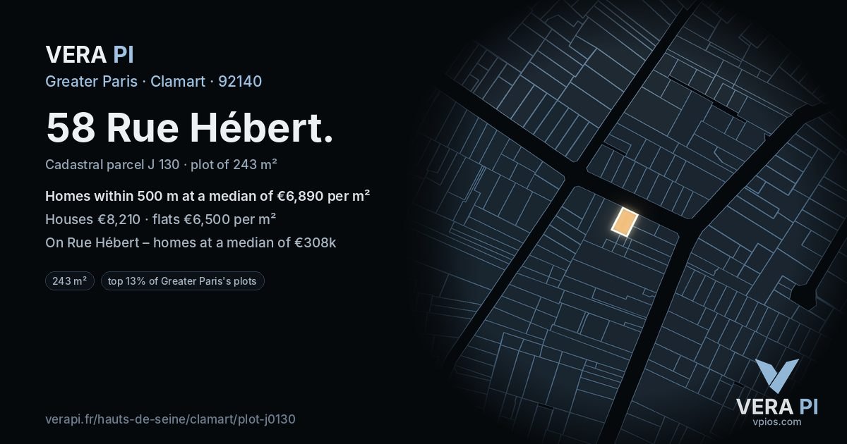 58 Rue Hébert, Clamart at night – the plot lit, the parcels around coloured by the prices near them