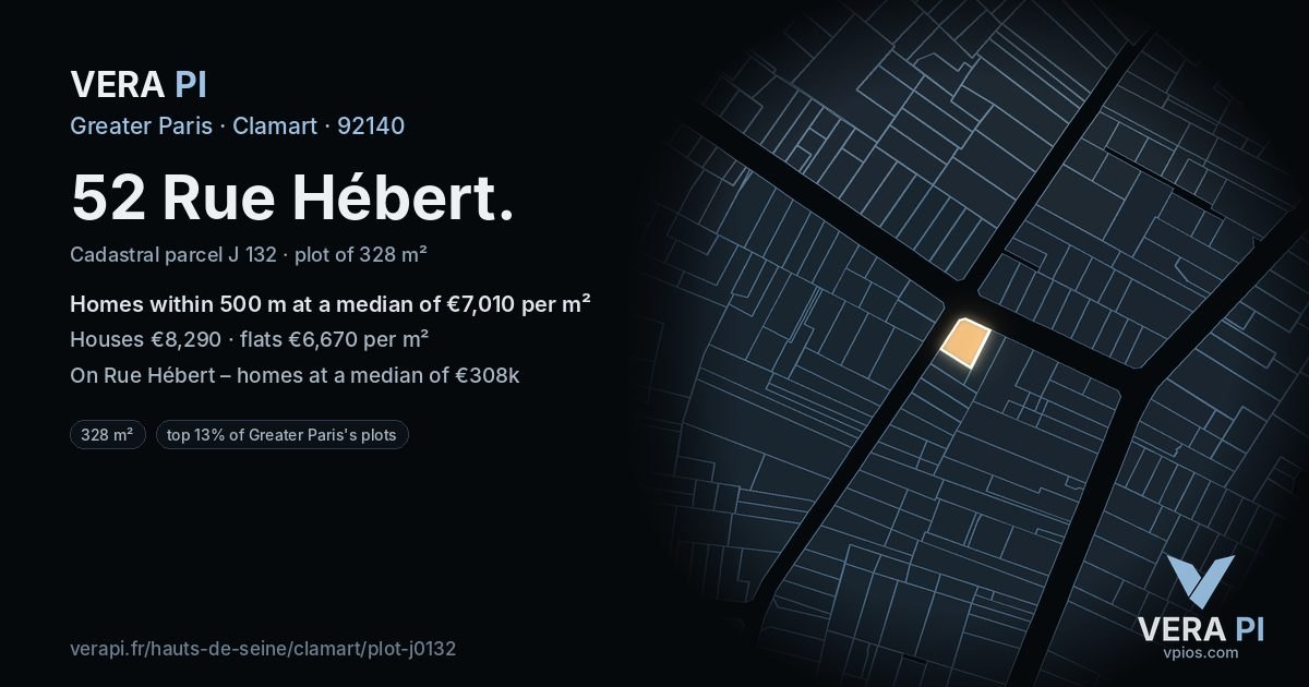 52 Rue Hébert, Clamart at night – the plot lit, the parcels around coloured by the prices near them