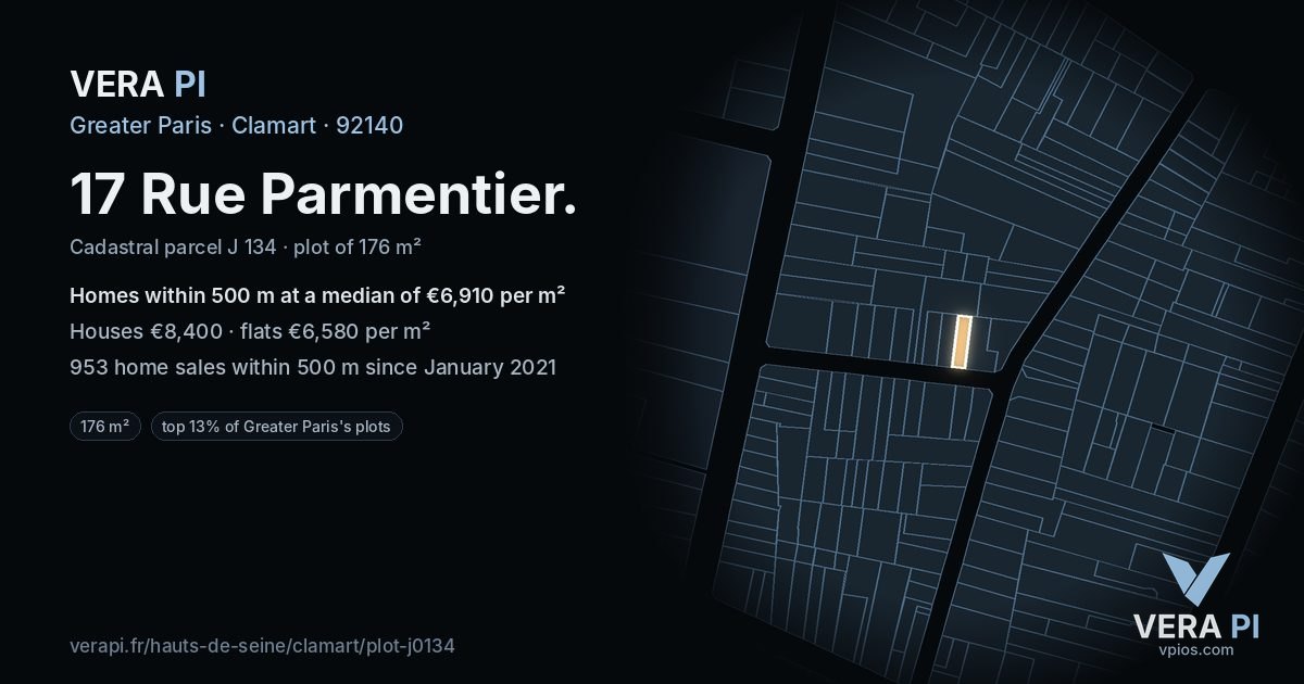 17 Rue Parmentier, Clamart at night – the plot lit, the parcels around coloured by the prices near them
