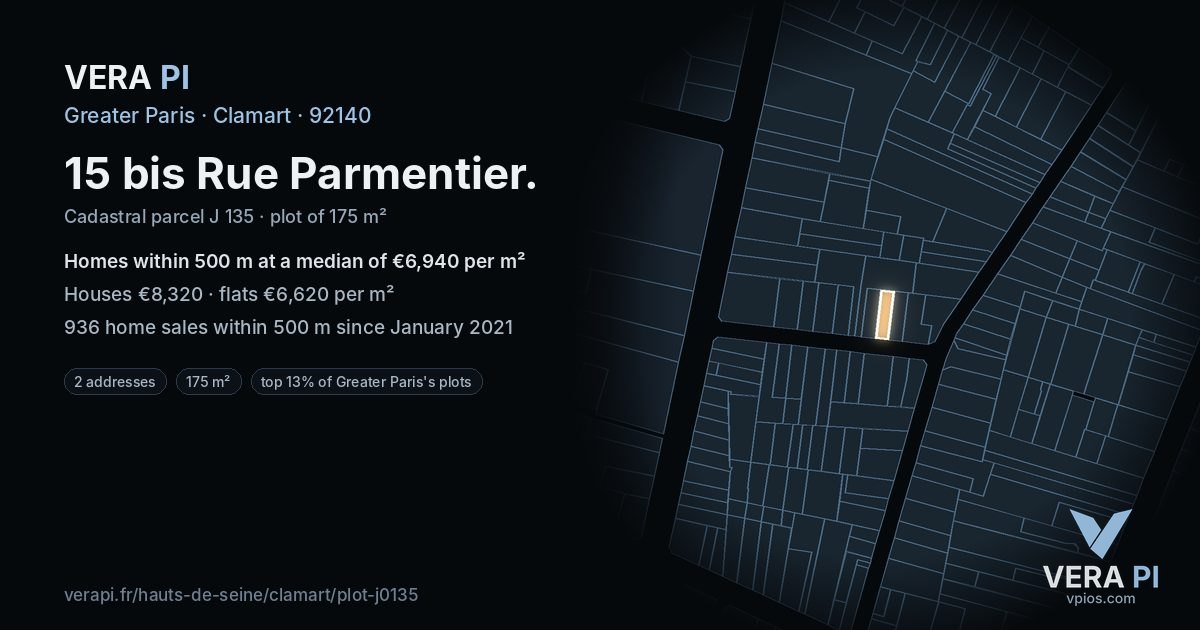 15 bis Rue Parmentier, Clamart at night – the plot lit, the parcels around coloured by the prices near them