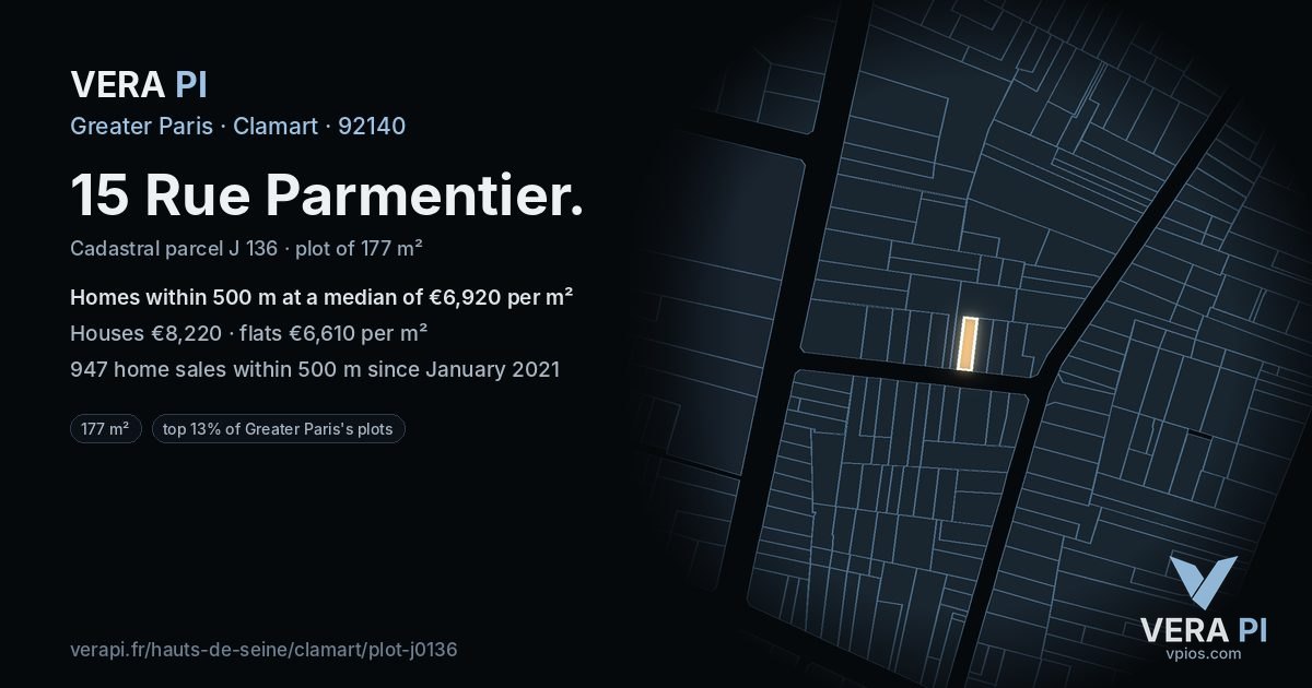 15 Rue Parmentier, Clamart at night – the plot lit, the parcels around coloured by the prices near them