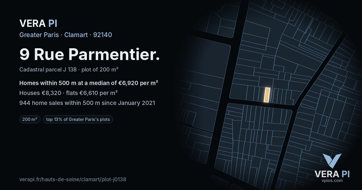 9 Rue Parmentier, Clamart at night – the plot lit, the parcels around coloured by the prices near them