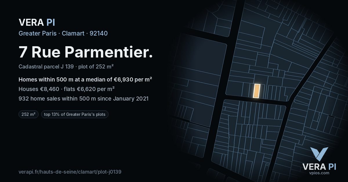 7 Rue Parmentier, Clamart at night – the plot lit, the parcels around coloured by the prices near them