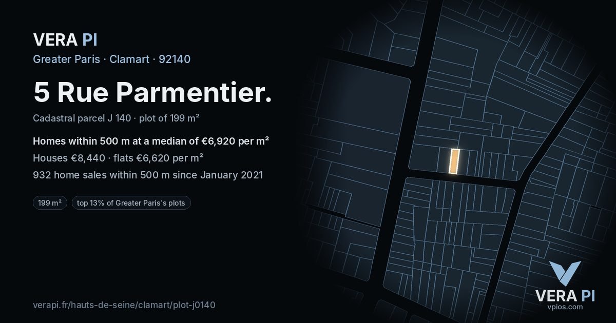 5 Rue Parmentier, Clamart at night – the plot lit, the parcels around coloured by the prices near them