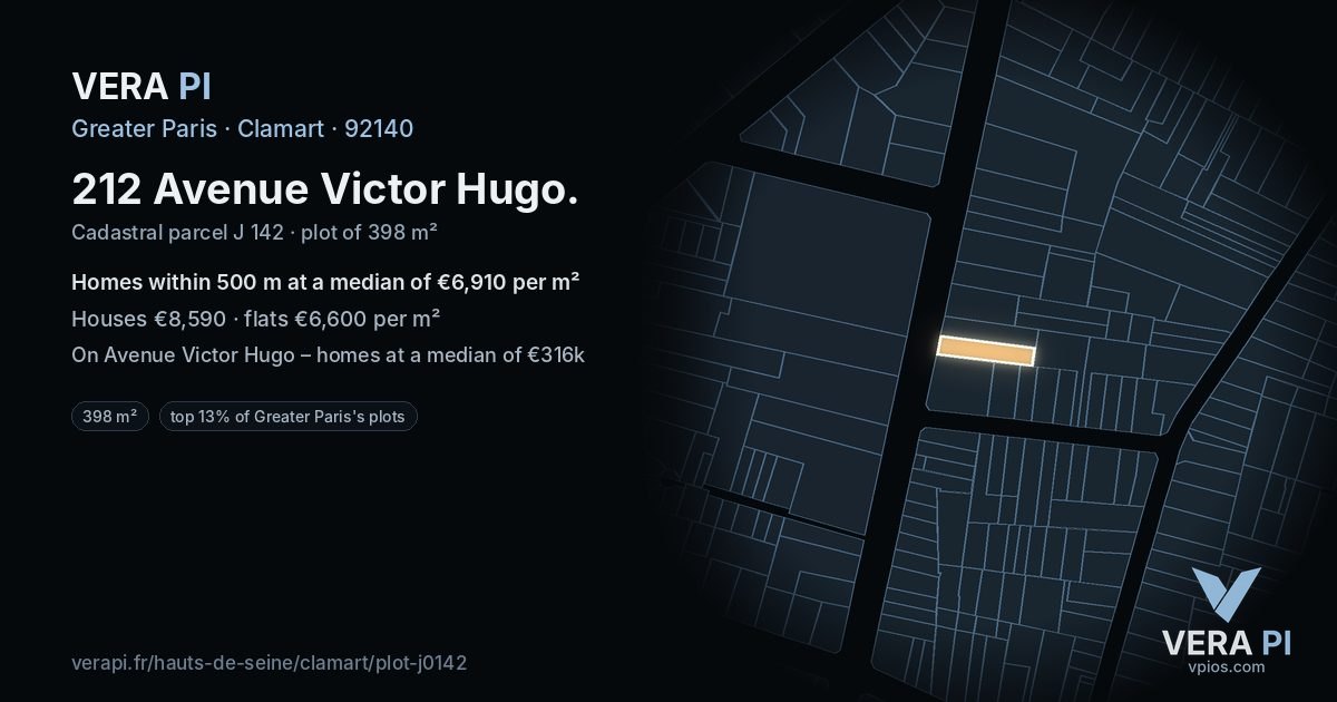 212 Avenue Victor Hugo, Clamart at night – the plot lit, the parcels around coloured by the prices near them
