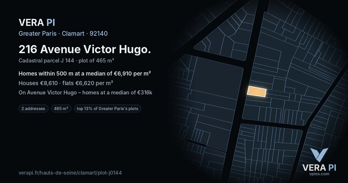 216 Avenue Victor Hugo, Clamart at night – the plot lit, the parcels around coloured by the prices near them