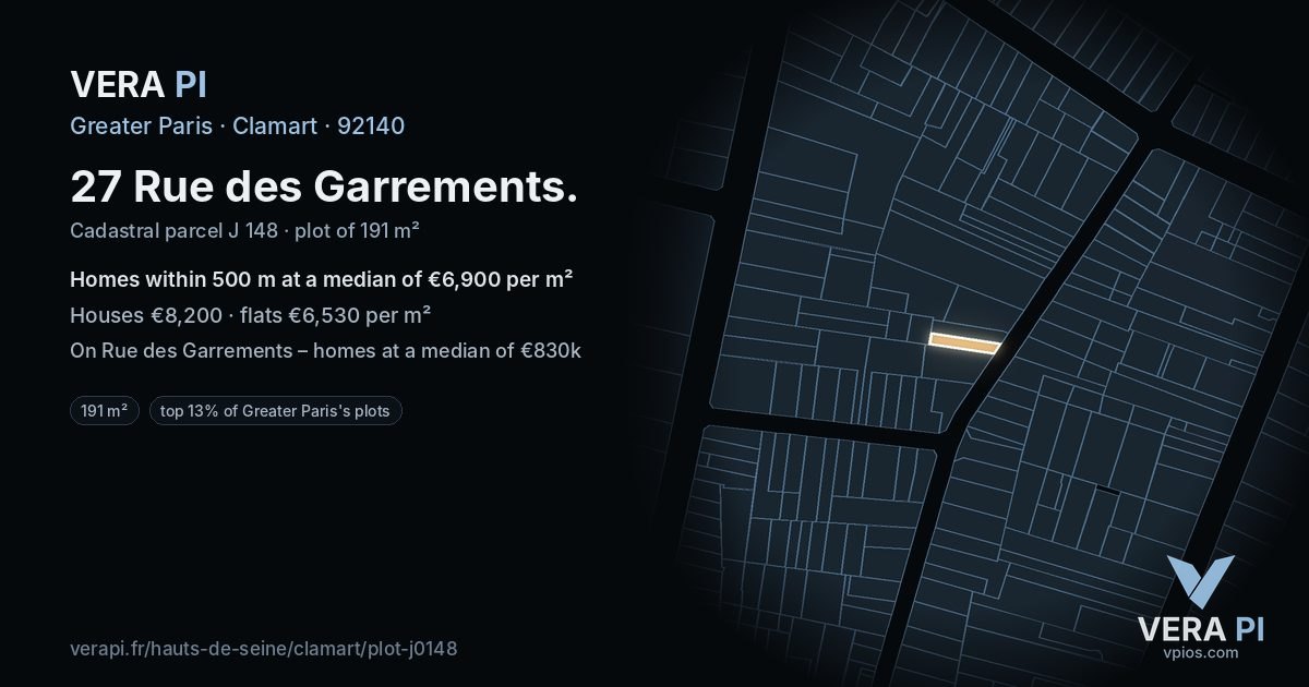 27 Rue des Garrements, Clamart at night – the plot lit, the parcels around coloured by the prices near them