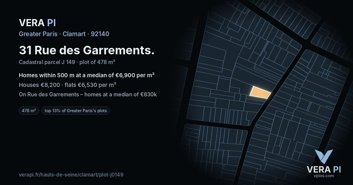 31 Rue des Garrements, Clamart at night – the plot lit, the parcels around coloured by the prices near them