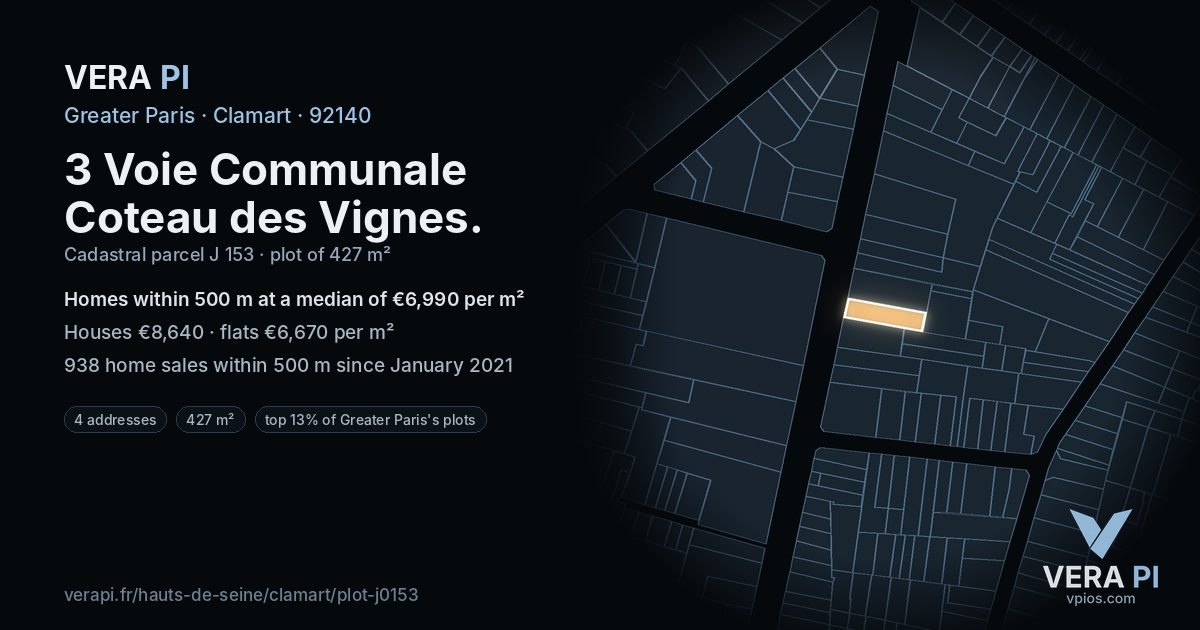 3 Voie Communale Coteau des Vignes, Clamart at night – the plot lit, the parcels around coloured by the prices near them