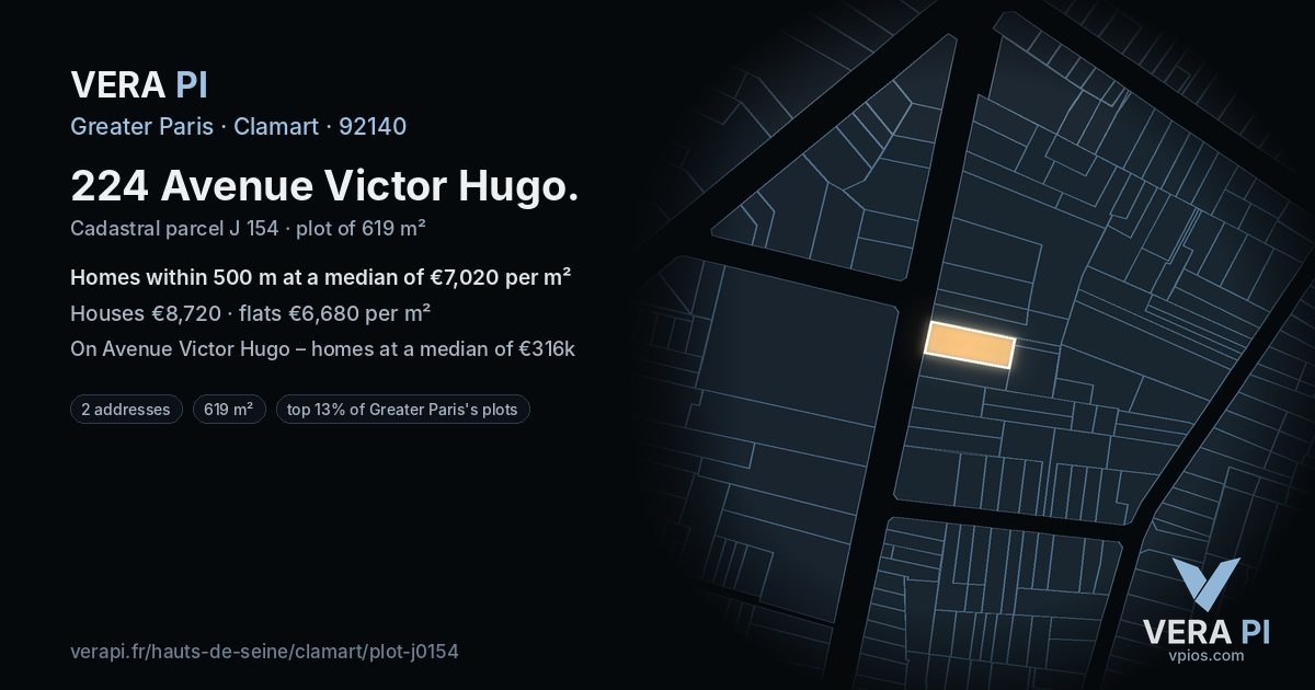 224 Avenue Victor Hugo, Clamart at night – the plot lit, the parcels around coloured by the prices near them