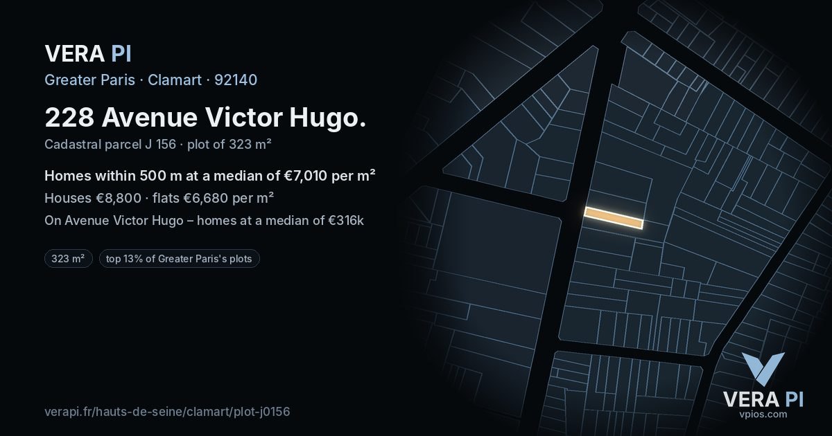 228 Avenue Victor Hugo, Clamart at night – the plot lit, the parcels around coloured by the prices near them