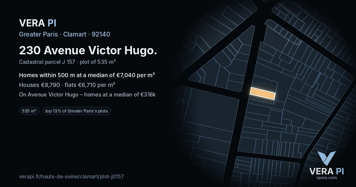 230 Avenue Victor Hugo, Clamart at night – the plot lit, the parcels around coloured by the prices near them