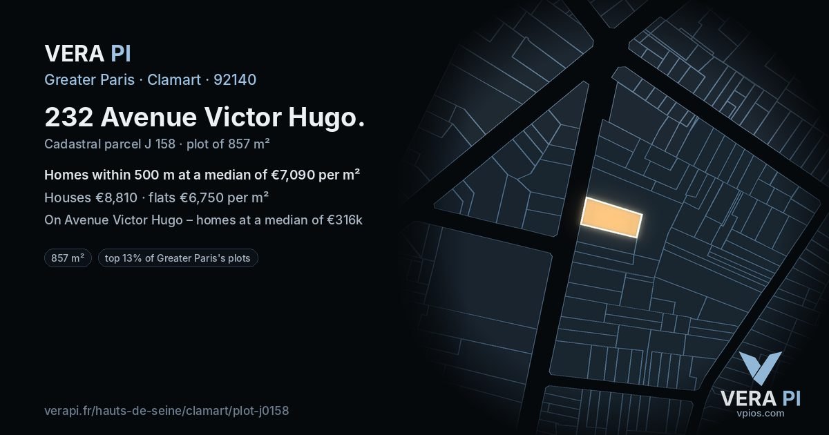 232 Avenue Victor Hugo, Clamart at night – the plot lit, the parcels around coloured by the prices near them